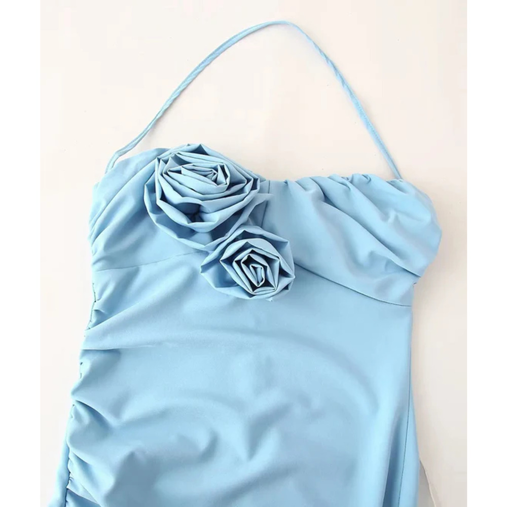 Zara NWT Sky Blue Rosette Strapless Midi Dress S XL - Picture 15 of 16